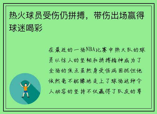 热火球员受伤仍拼搏，带伤出场赢得球迷喝彩